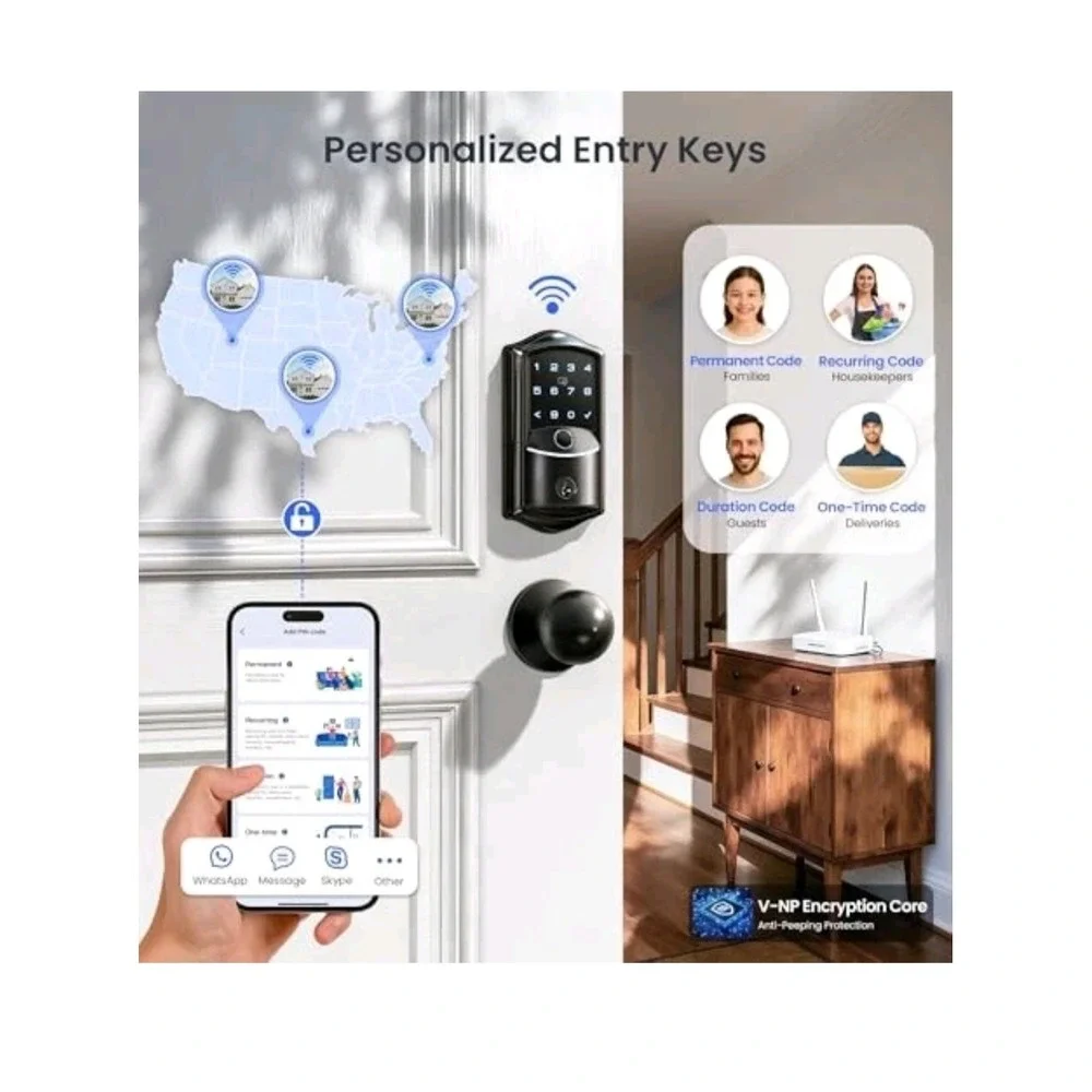 VE027-K Built-in WiFi Smart Lock with 2 Knob, Fingerprint Keyless Matte Black